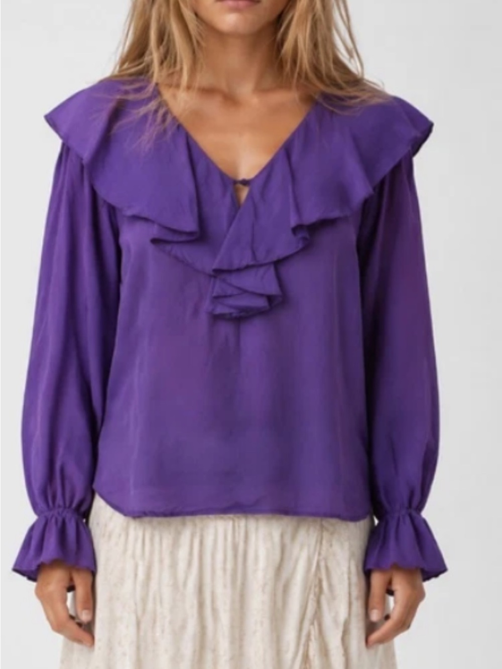 Silk Long Sleeve Blouse in Blue Purple Raffles size Large